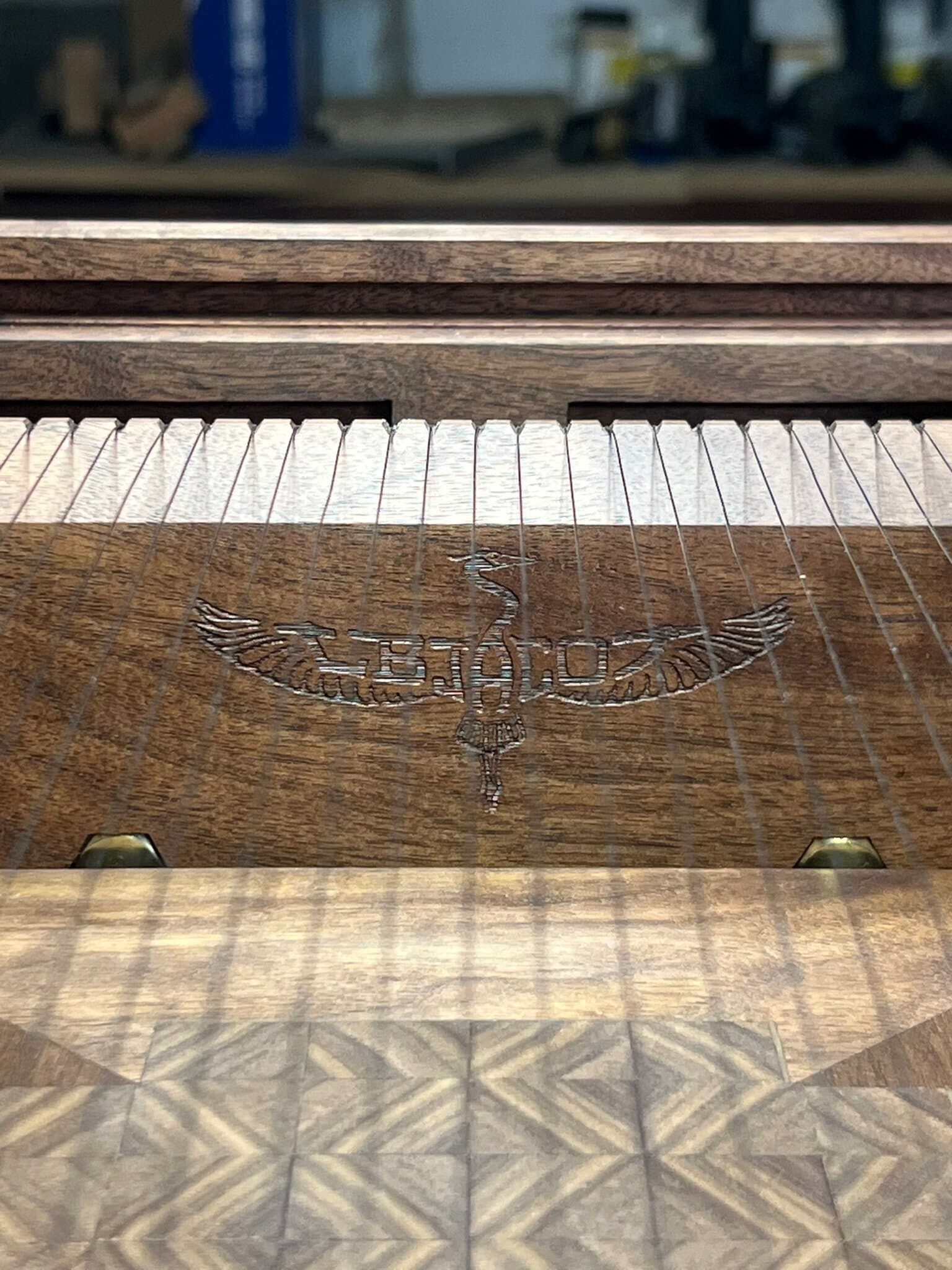 Close on the chitarra's strings, the L B Jacot heron carved into the walnut